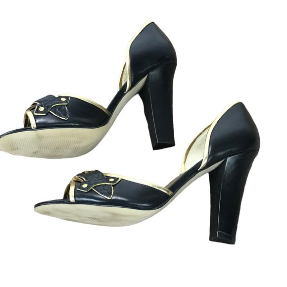 Nine West Women Shoes Black Gold Leather Peep Toe Pumps Heels US Size 7.5 7.5M - Picture 5 of 12